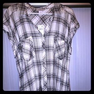 Plaid black and white button down top